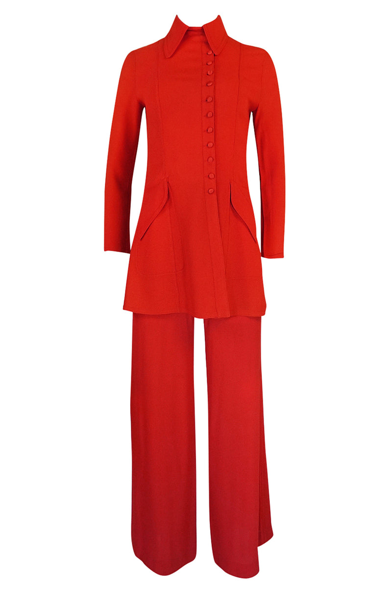 c.1971 Ossie Clark Couture Red Moss Crepe Jacket & Pant Suit