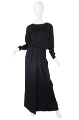 1970s Matte Black Silk Satin Adolfo Gown