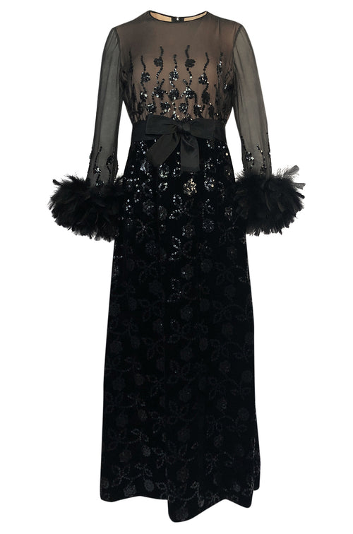 Documented Fall 1970 Oscar de la Renta Ostrich Feather & Sequin Silk Dress