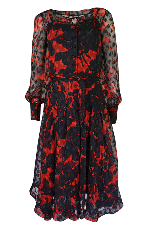 c.1976-77 Chanel True Haute Couture Red & Black Floral Print Silk Dress