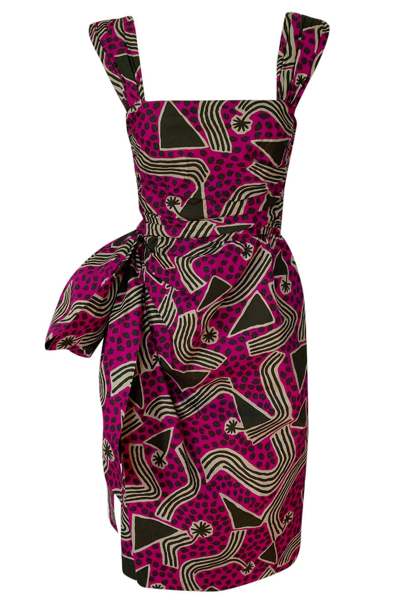 Resort 1983 Yves Saint Laurent Printed Cotton Hip Swag Sarong Dress