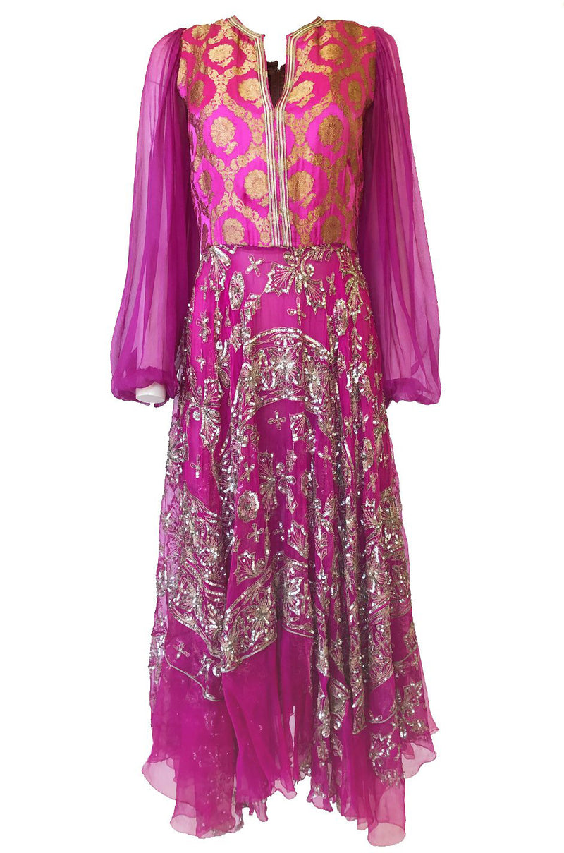c1969 Thea Porter Couture Gold Brocade & Silver Metal Embroidered Fuchsia Dress