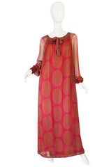 1970s Jeweled Hued Printed Silk Treacy Lowe Caftan Dress