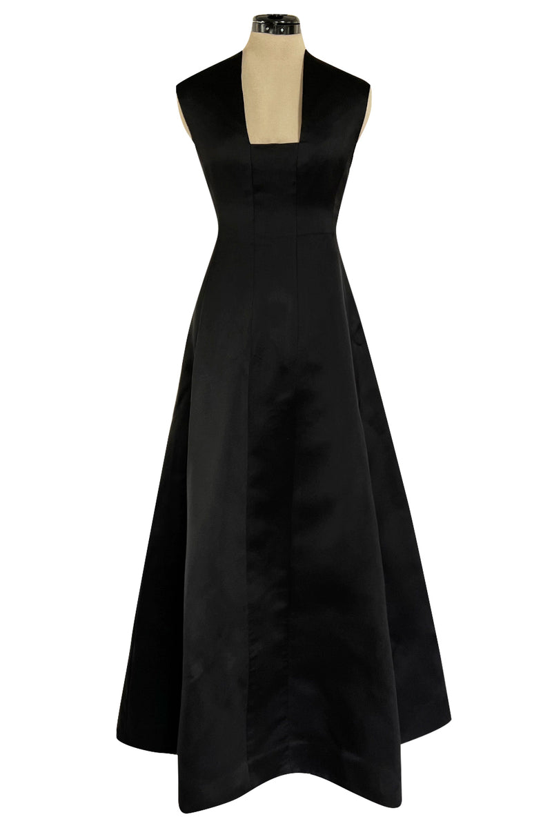 Minimalist 1960s Pauline Trigere Black Silk Satin Dress w Squared Off Shrimpton Couture Minimalist 1960s Pauline Trigere Black Silk Satin Dress w Squared Off Shrimpton Couture
