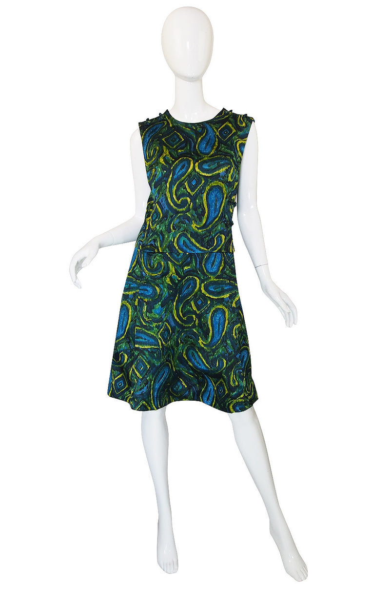 1960s Pretty Green & Blue Silk Shift Dress
