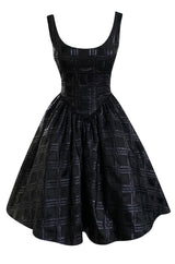 Early 1980s Nina Ricci Black Silk Metallic Lame Full Skirted Low Back Dress