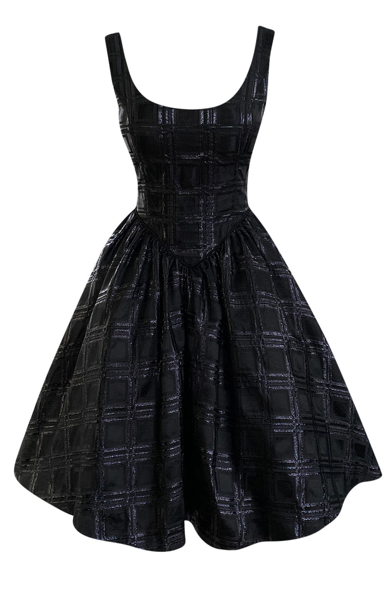 Early 1980s Nina Ricci Black Silk Metallic Lame Full Skirted Low Back Dress