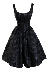 Early 1980s Nina Ricci Black Silk Metallic Lame Full Skirted Low Back Dress