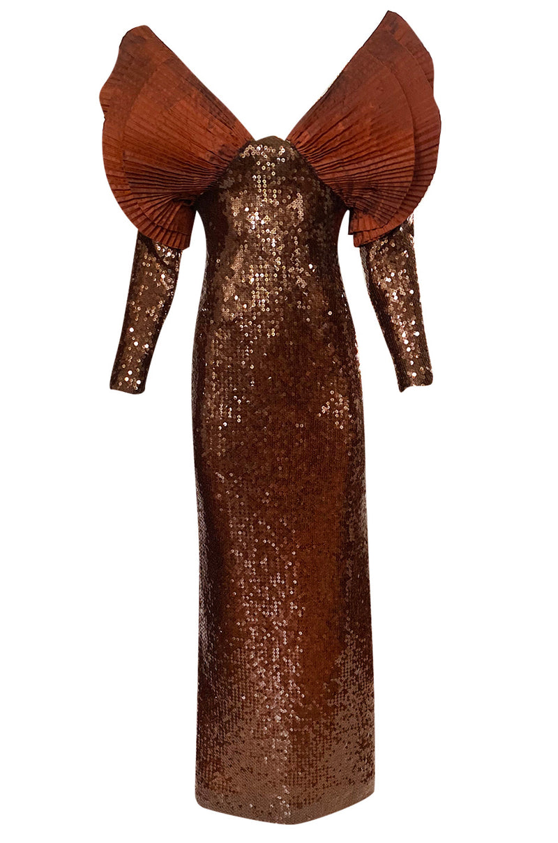 1980s Loris Azzaro Couture Densely Sequin Dress w Elaborate Silk Sleeves