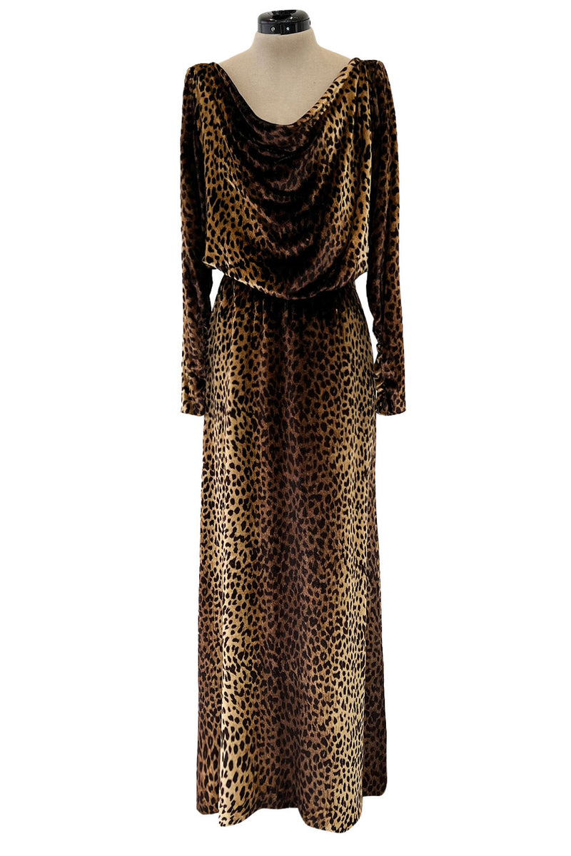 Important Spring 1993 Yves Saint Laurent Runway Draped Neckline Panne Velvet Leopard Print Dress