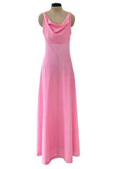 1970s John Kloss for Cira Pink Nylon Jersey Lingerie Dress w Draped Neckline