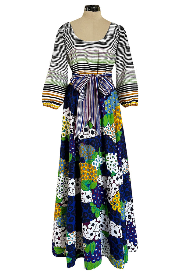 Numbered 1970s Lanvin by Jules-Francois Crahay Stripe & Flower Balloon Sleeve Dress