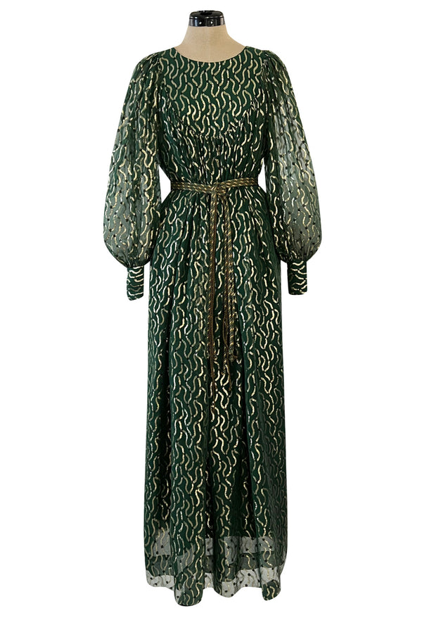 Extraordinary 1970s Christian Dior by Marc Bohan Gold Metallic Green Silk Chiffon Dress w Rope Belt