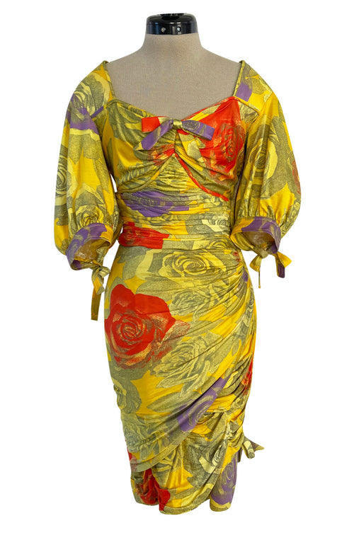 Prettiest 1980s Emanuel Ungaro Yellow Floral Print Silk Jersey Dress w Cut Outs & Bows