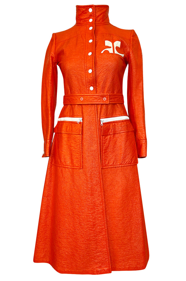 Iconic 1960s Andres Courreges Bright Orange  & White Vinyl Coat or Dress
