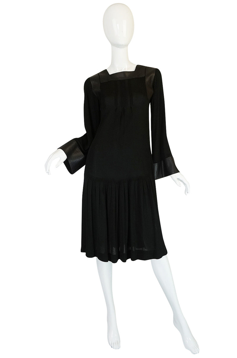 1970s Jean Muir Leather Embellished Black Jersey Dress