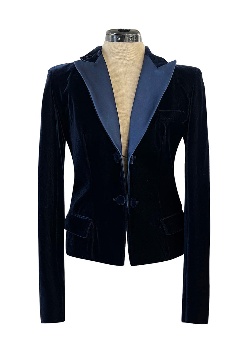 Runway Fall 2002 Yves Saint Laurent Blue Velvet Jacket w Long Sleeves & Tuxedo Collar