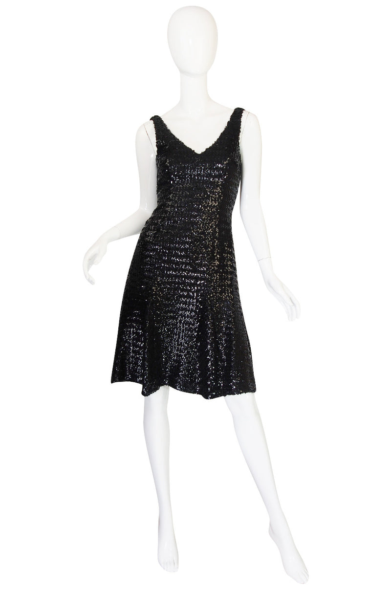 1970s Glossy Black Sequin Donald Brooks Dress