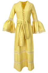 1960s Yellow Mexican Pin Tuck Dress w Extraordinary Bell Sleeve Detail