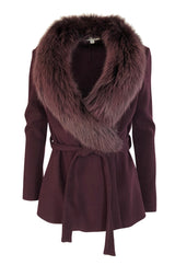 Early 2000s Heidi Weisel Deep Plum Colored Fox Fur Collar Wrap Sweater