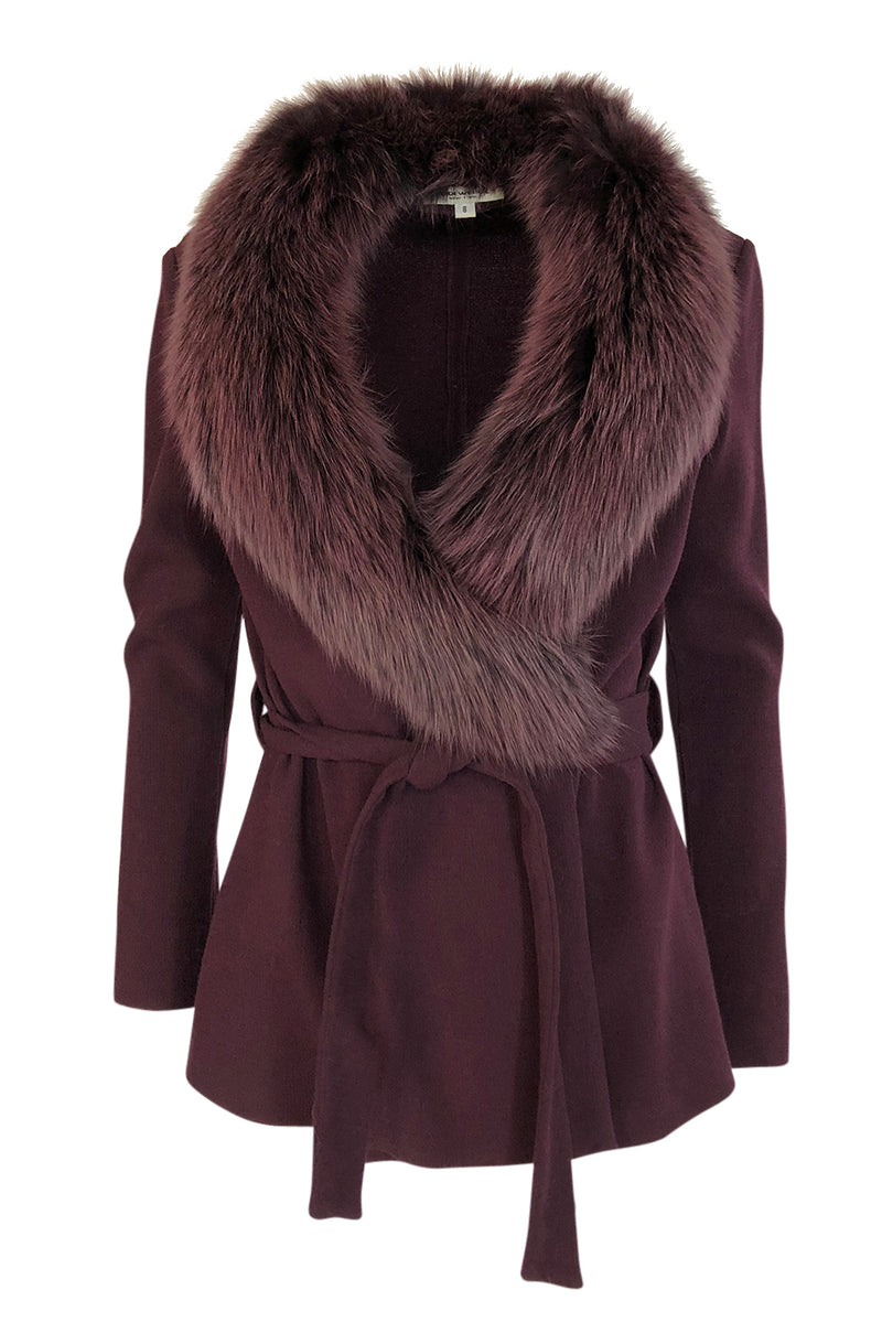 Early 2000s Heidi Weisel Deep Plum Colored Fox Fur Collar Wrap Sweater
