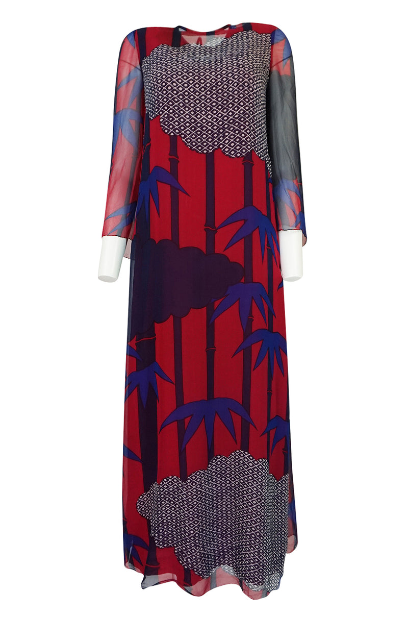 1970s Hanae Mori Silk Chiffon Beautifully Printed Caftan Dress