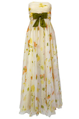1961 Ferdinando Sarmi Strapless Yellow Floral Print Silk Chiffon Dress w Front Bow Detail