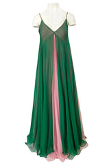 1960s Unlabeled Multiple Layered Pink & Green Chiffon Swing Maxi Dress