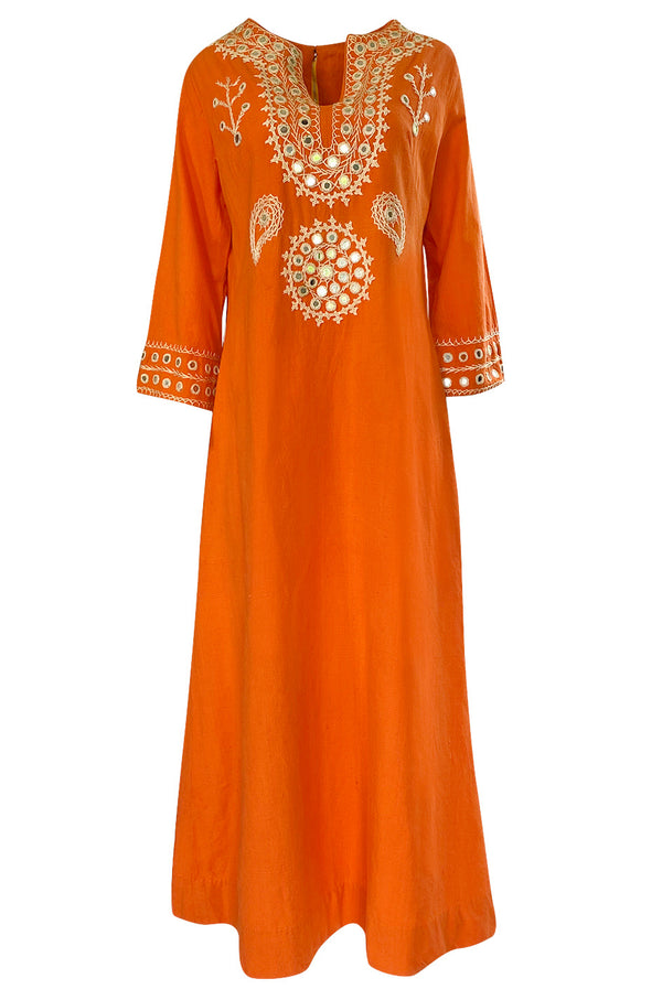 1960s Hand Applied Cord & Mirror Detailed Orange Cotton Caftan Dress