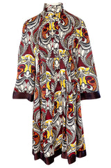 1972 Jean Muir Abstract Printed Silk Satin Dress w Pin Tuck Detailed Bodice