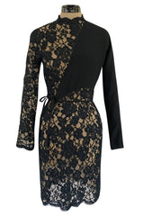 1990s Geoffrey Beene Black Ribbon Net Lace Dress w Nude Interior & Tied Panel Detailing