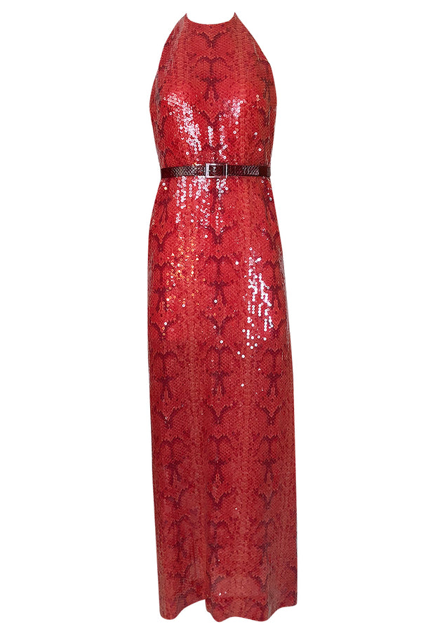 Documented 1974 Bill Blass Red Sequin Snakeskin Print Halter Dress