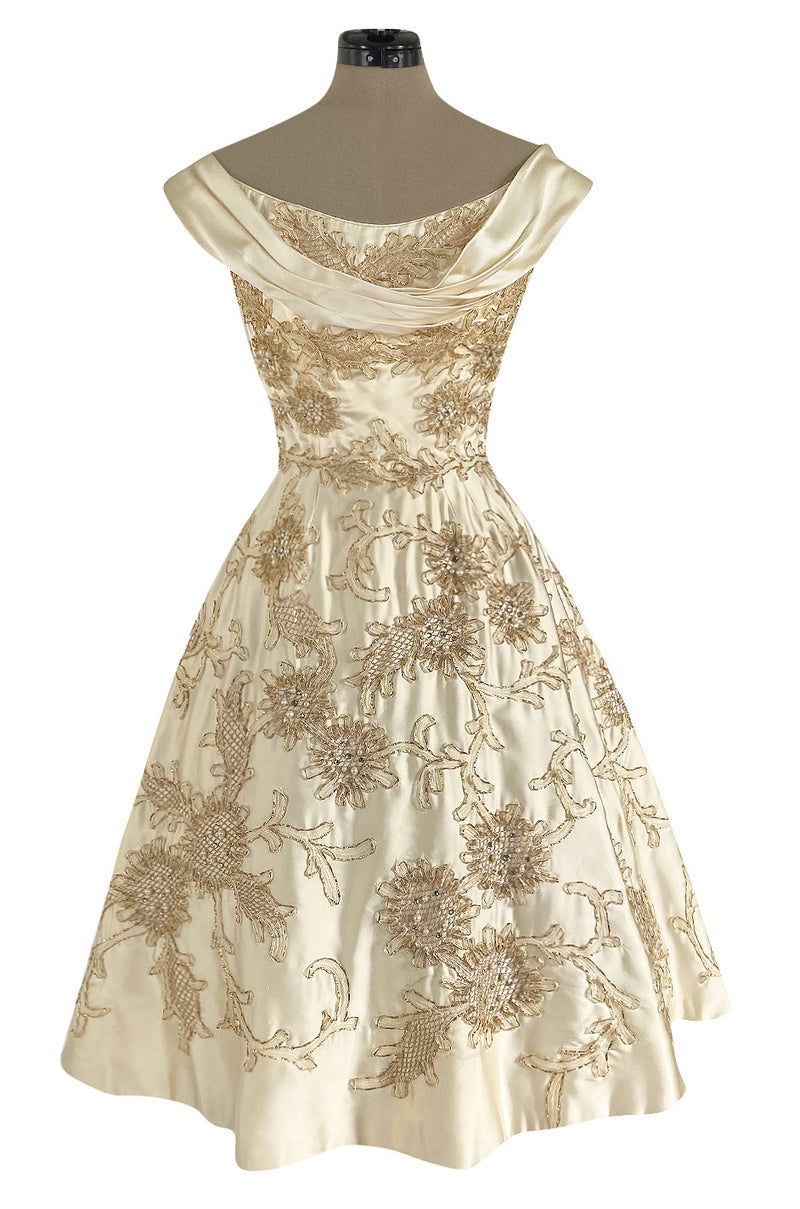 Incredible 1950s Ceil Chapman Ivory Silk Satin Dress w Gold Metal Ribbon Detailing