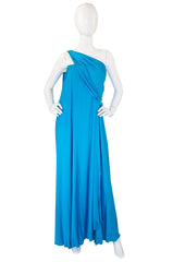 1970s Vivid Blue Multi Tie Jersey Maxi Dress
