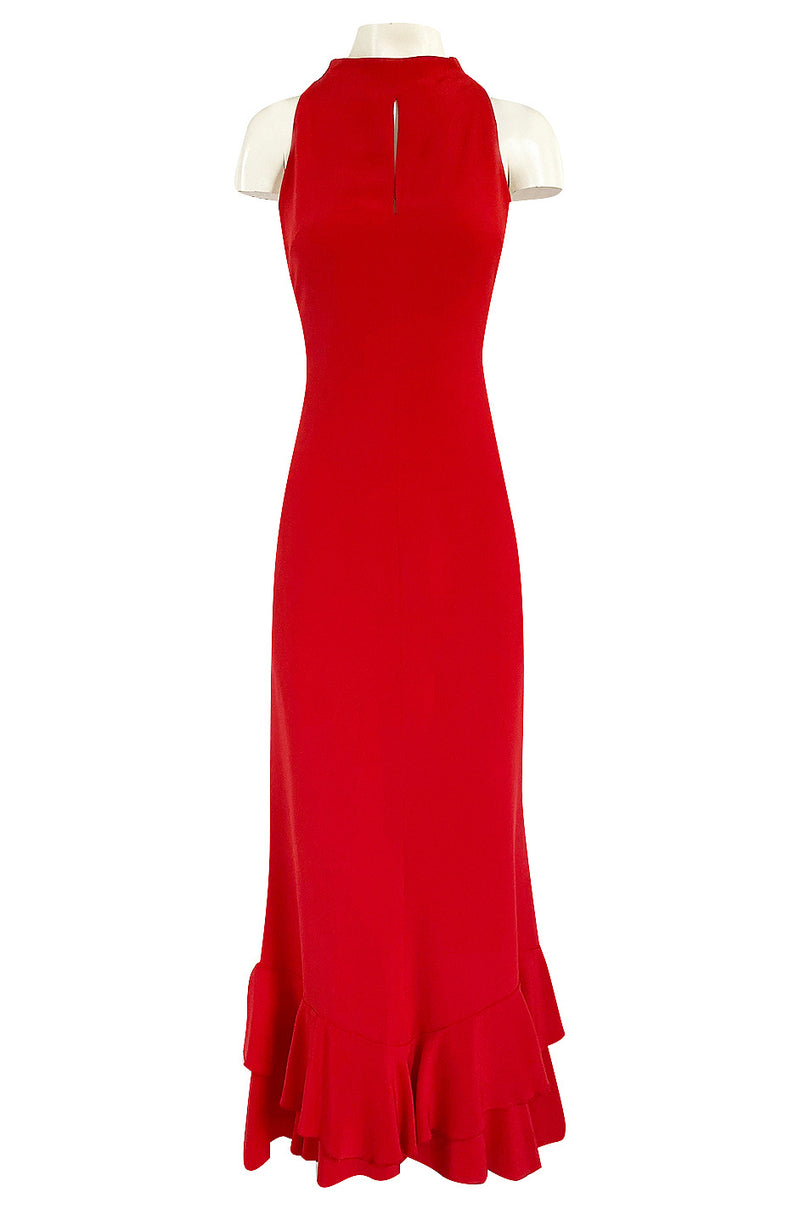 Sleek 1990s Valentino Classic Red Dress w Slit Front Detail & Tiered Ruffled Hem