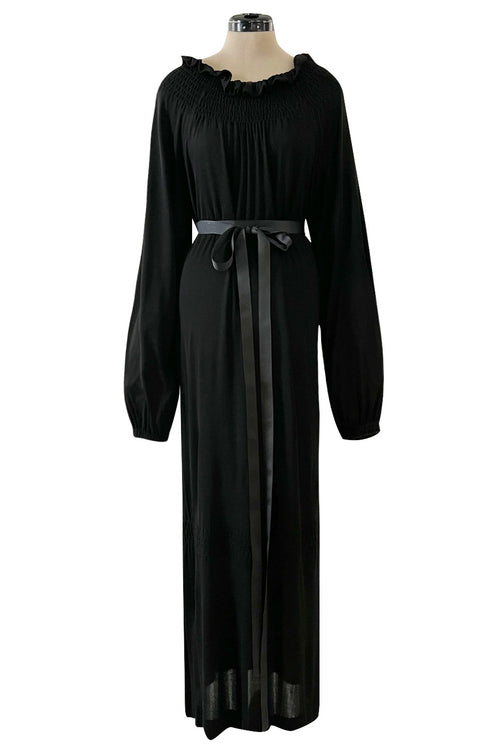 Gorgeous 1970s Givenchy Black Silk Crepe Jersey Dress w Gathered Neckline & Pouf Sleeves