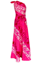 1960s B.Cohen One Shoulder Vibrant Pink Printed Barkcloth Hawaiian Dress
