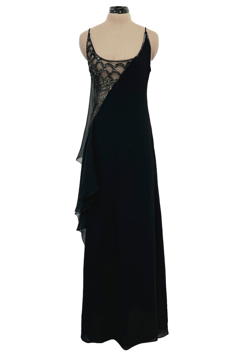 Spring 2000 Valentino Black Silk Dress w Shocking Sequin & Net Side Panel