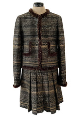 Stunning Fall 2005 Chanel Metallic Silk Mohair Fur Trimmed Tweed Jacket & Pleated Skirt Suit