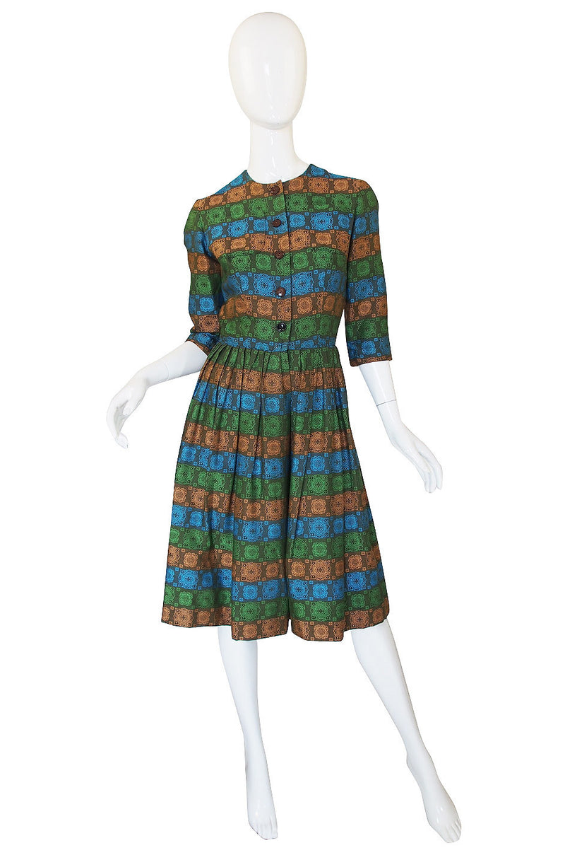 1950s Green Brocade Pocket Front Day Dress
