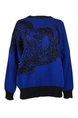 1980s Yves Saint Laurent Oversized Eagle Print Blue Wool Sweater