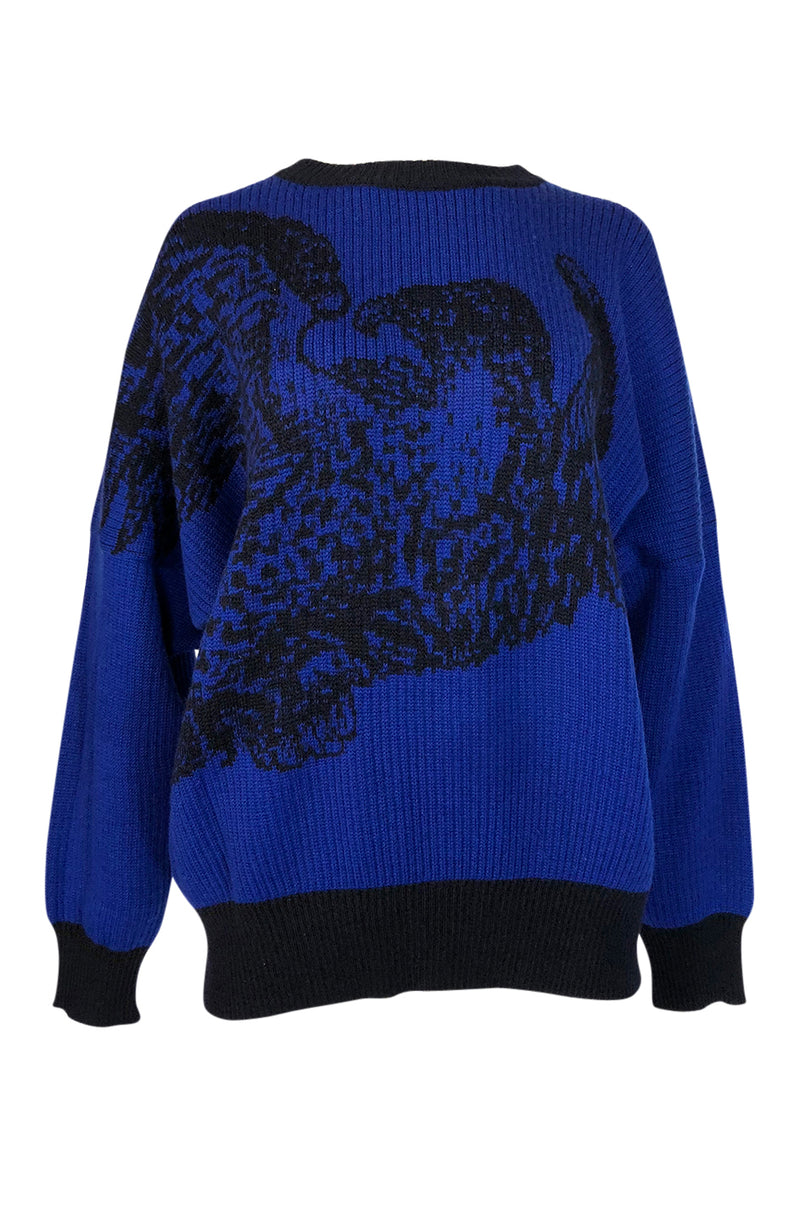 1980s Yves Saint Laurent Oversized Eagle Print Blue Wool Sweater