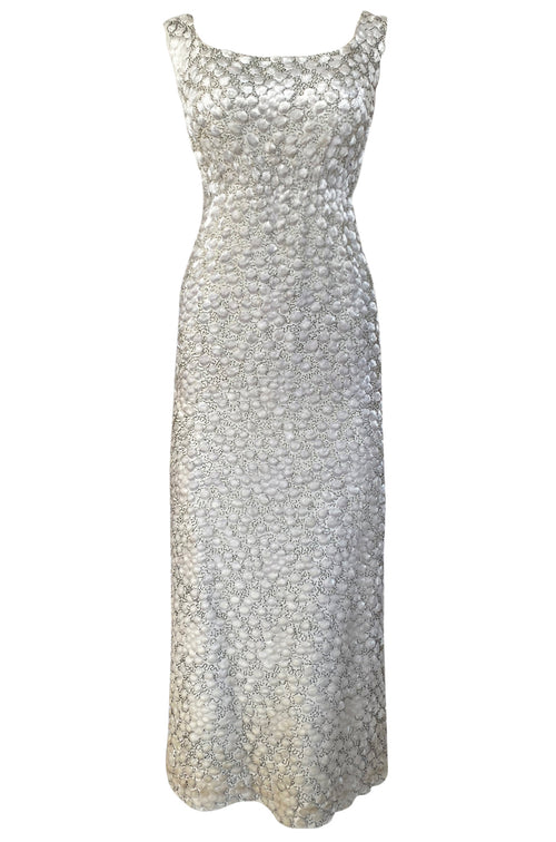 1960s Unlabeled Ivory Silk Dress w Chenille Applique & Beading Detail
