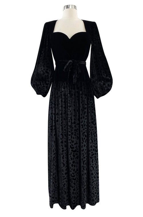 Fall 1986 Yves Saint Laurent Runway Black Patterned Velvet Dress w Sweetheart Neckline