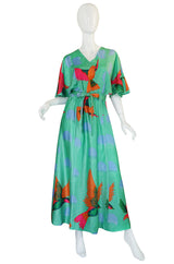 1970s Hanae Mori Green & Tropical Bird Caftan Dress