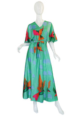 1970s Hanae Mori Green & Tropical Bird Caftan Dress