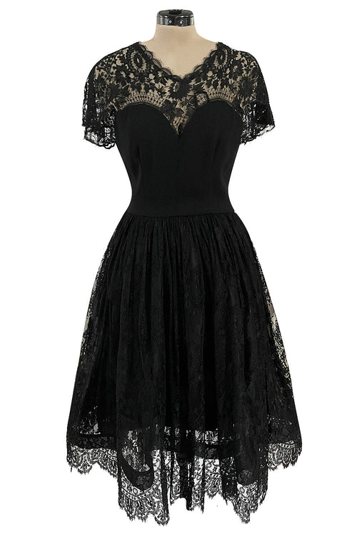 Gorgeous Late 1970s Pauline Trigere Black Wool Crepe Dress w Lace Skirt & Shoulders