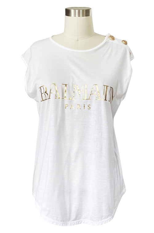 Recent Balmain Gold Logo Tee White T-Shirt with Gold Button Detailing