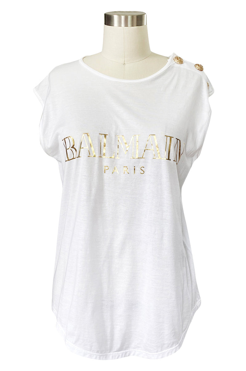 Recent Balmain Logo Tee White with Gold Button Detailing – Shrimpton Couture