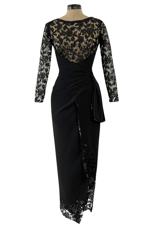 1980s Loris Azzaro Couture Black Silk & Net Sequin Floral Bodice Dress w Swag Hip Detail